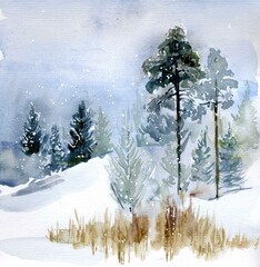 Watercolor postcard, winter landscape hand drawing