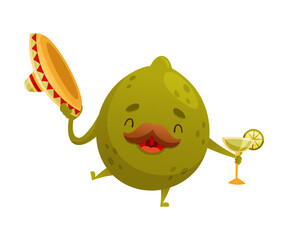 Cute funny lime with sombrero hat drinking tequila. Mexican culture symbol cartoon vector illustration