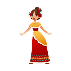 Cheerful girl wearing traditional Mexican dress cartoon vector illustration
