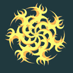 Mandala of abstract elements in yellow shades on a dark green background for decoration.