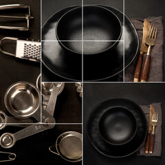 Collage made of kitchen utensils on black background.