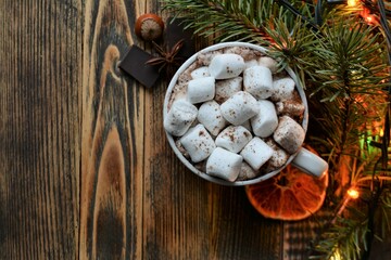 Cup of hot chocolate or cocoa with marshmallows. Cozy winter holidays and Christmas