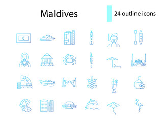 Maldives attractions outline icons set. National attributes. Tropical resort. Isolated vector illustration