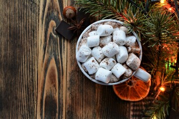 Obraz na płótnie Canvas Cup of hot chocolate or cocoa with marshmallows. Cozy winter holidays and Christmas