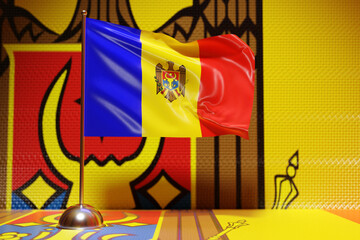 3D illustration of the national flag of Moldova on a metal flagpole fluttering .Country symbol.