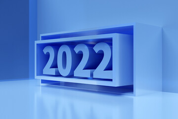3D illustration inscription 2022 on a blue background. Changeability of years. Illustration of the symbol of the new year.