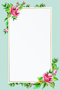 Watercolor floral rectangle golden frame vector