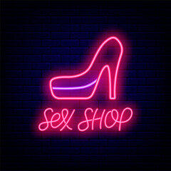 Sex shop neon emblem on brick wall. High heeled shoe. Sexual accessories. Editable stroke. Isolated vector illustration