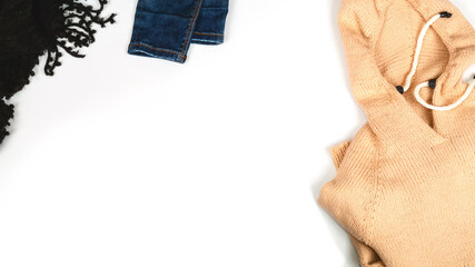 womens warm clothing for winter. fashion background. copy space