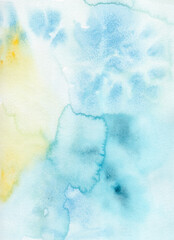 Large size watercolor background for invitations, banners, posters. The background is painted in turquoise, blue, yellow and red colors. 