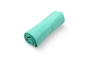 blue towel rolled up in a tube, white background