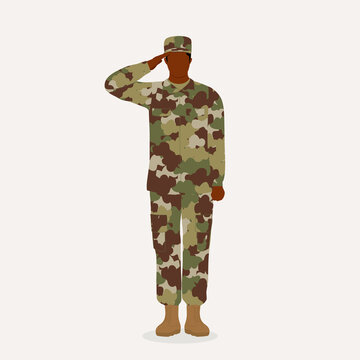 Black Man US Army Soldier With Military Uniform Standing And Saluting.