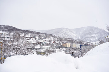 Fototapeta na wymiar Petropavlovsk Kamchatsky city in the winter at snowy weather. Kamchatka peninsula, Russia