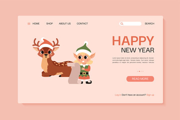 Landing page template. Website banner. Vector illustration. Christmas elf is holding a long list of wishes of kids and deer.