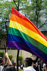 Hold up a gay lgbt flag at the LGBT gay pride parade festival in Mexico City.