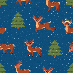 Obraz na płótnie Canvas Winter tree landscape with deers. Vector seamless pattern with green spruces. Northern forest. Hand drawn illustration.