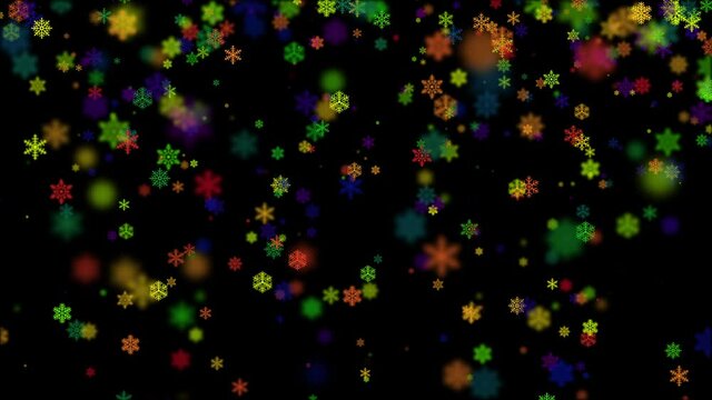 Animation of rainbow color snowflakes on black background. LGBT pride and equality celebration concept.