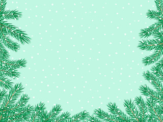 Background with falling snow and fir branches. New Year banner blank template for text. Vector illustration.