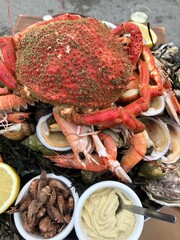 Fresh raw and delicious seafood mix, fruit de mer on a plate