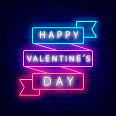 Obraz premium Happy Valentines Day neon text with ribbon. Outer glowing effect banner. Isolated vector stock illustration