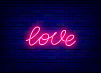 Love neon one line drawing. Shiny continuous lettering. Happy Valentines Day. Vector stock illustration