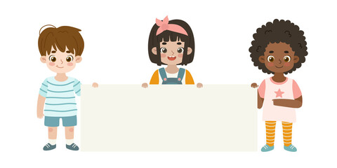 Cute children holding long empty banner. Adorable cartoon kids showing blank placard.