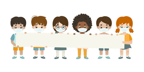 Kids in mask holding empty long banner. Cartoon children stand and hold blank placard. Schoolchildren in a pandemic.