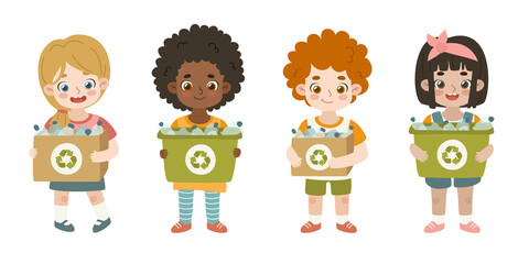 Set of cartoon kids collect plastic waste to recycling. Bundle of cute children with box and containers.