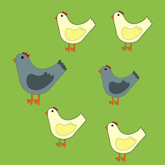 Cute animals chickens happy family, with father and children, daughters and  son on green isolated background, vector illustration.