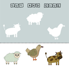 worksheet vector design, the task is to cut and glue a piece on colorful  sheep,duck,cow Logic game for children.