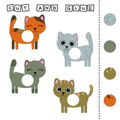 worksheet vector design, the task is to cut and glue a piece on colorful  cats. Logic game for children.