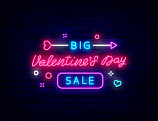 Big Valentines Day Sale neon promotion. Outer glowing effect flyer. Isolated vector stock illustration