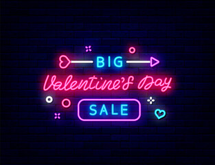Fototapeta premium Big Valentines Day Sale neon promotion. Outer glowing effect flyer. Isolated vector stock illustration