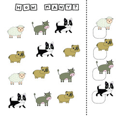 Counting Game for Preschool Children.  Count how many sheeps,dogs, hamstars,cow