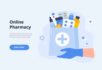 Bag with pills, prescription medicines, and antibiotics. Safe delivery of medicines. Online pharmacy, delivery drugs, prescription medicines order. Vector flat illustration for banners, landing page. - obrazy, fototapety, plakaty