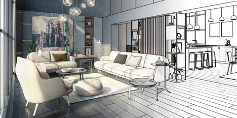 Furnishing Inside a Modern Style Penthouse Loft (project) - panoramic 3D Visualization