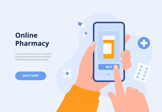 Human hands hold a smartphone and order medicines. Medical treatment. Online pharmacy, delivery drugs, prescription medicines order. Vector flat illustration for banners, landing page.