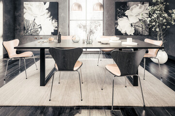 Dinning Room Inside a Penthouse Loft Apartment - black and white 3D Visualization