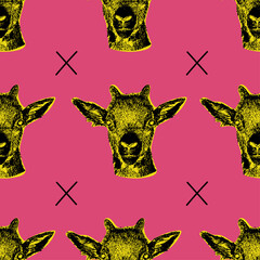 Seamless pattern goat head in pop art style. 60s design. Bright head in pink on a yellow background. Template for design packaging, wallpaper, poster. Vector illustration. Isolated on white background