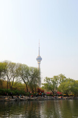 Obraz premium The CCTV Tower of China, which is seen in Yuyuantan Park.