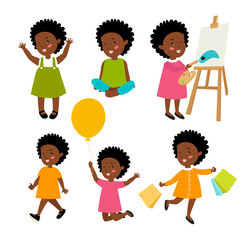 Print. Big set with an afro american girl. The girl plays, draws, sits, walks, stands