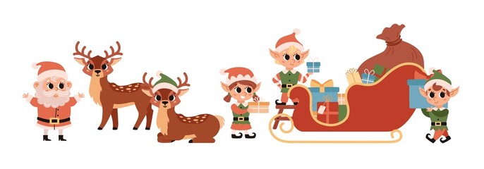 Fototapeta premium Christmas elves load gifts into Santa's magic sleigh. Santa Claus helper. Cute vector character. Festive elf, deers, Santa isolated on a white background.