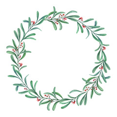 Hand drawing watercolor wreath of leaves and berries. 