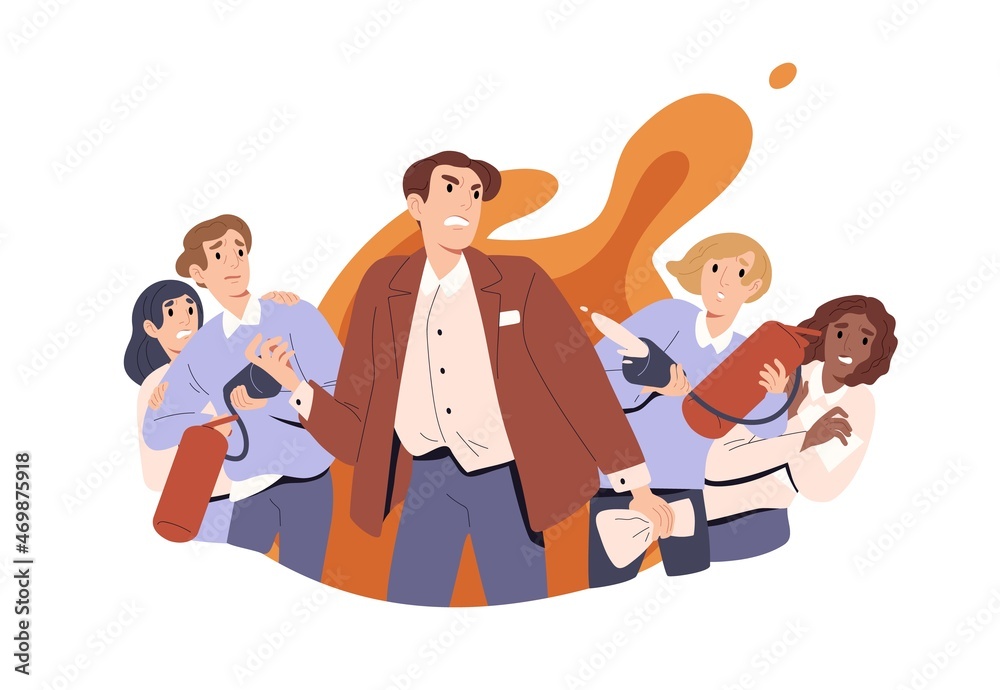 Poster angry annoyed boss and employees calming him down. furious person in anger and rage. office workers 