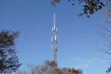 Mast with antennas for mobile telecommunication in the Dutch village of Bergen in autumn. Trees,...