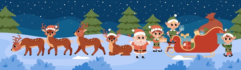 Christmas elves load gifts into Santa's magic sleigh. Santa Claus helper. Cute vector character. Festive elf, deers, Santa at night in the forest at the North Pole.