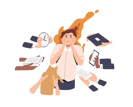 Busy Tired Person Overloaded With Plenty Of Work And Personal Tasks. Woman In Stress Under Pressure Of Many Different Businesses And Burdens. Flat Vector Illustration Isolated On White Background