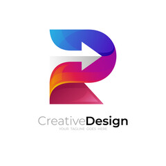 Letter R logo and arrow design technology, 3d colorful icons