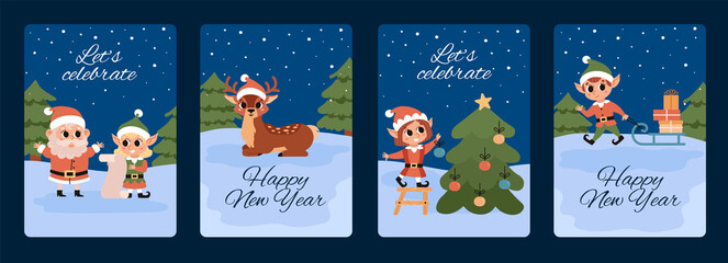 Fototapeta premium Christmas elves with Santa and deer. Winter Greeting card. Santa Claus helper. Cute vector character. Festive elf at night in the forest at the North Pole.