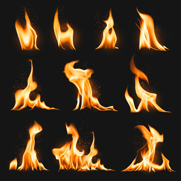 Burning flame sticker, realistic fire image vector set